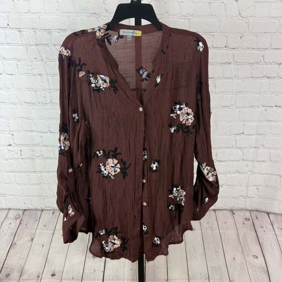 Figueroa and Flower Brown Sheer Button Down Embroidered Flowers Size Large - Picture 1 of 6